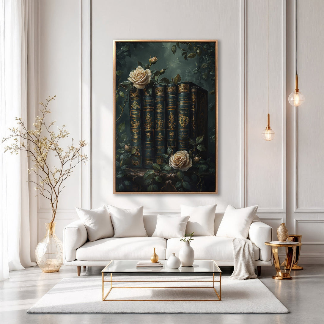 Framed Wall Art: Elegant floral print with roses and books, in a dark green and gold palette, displayed in a modern interior. Elevate your space!