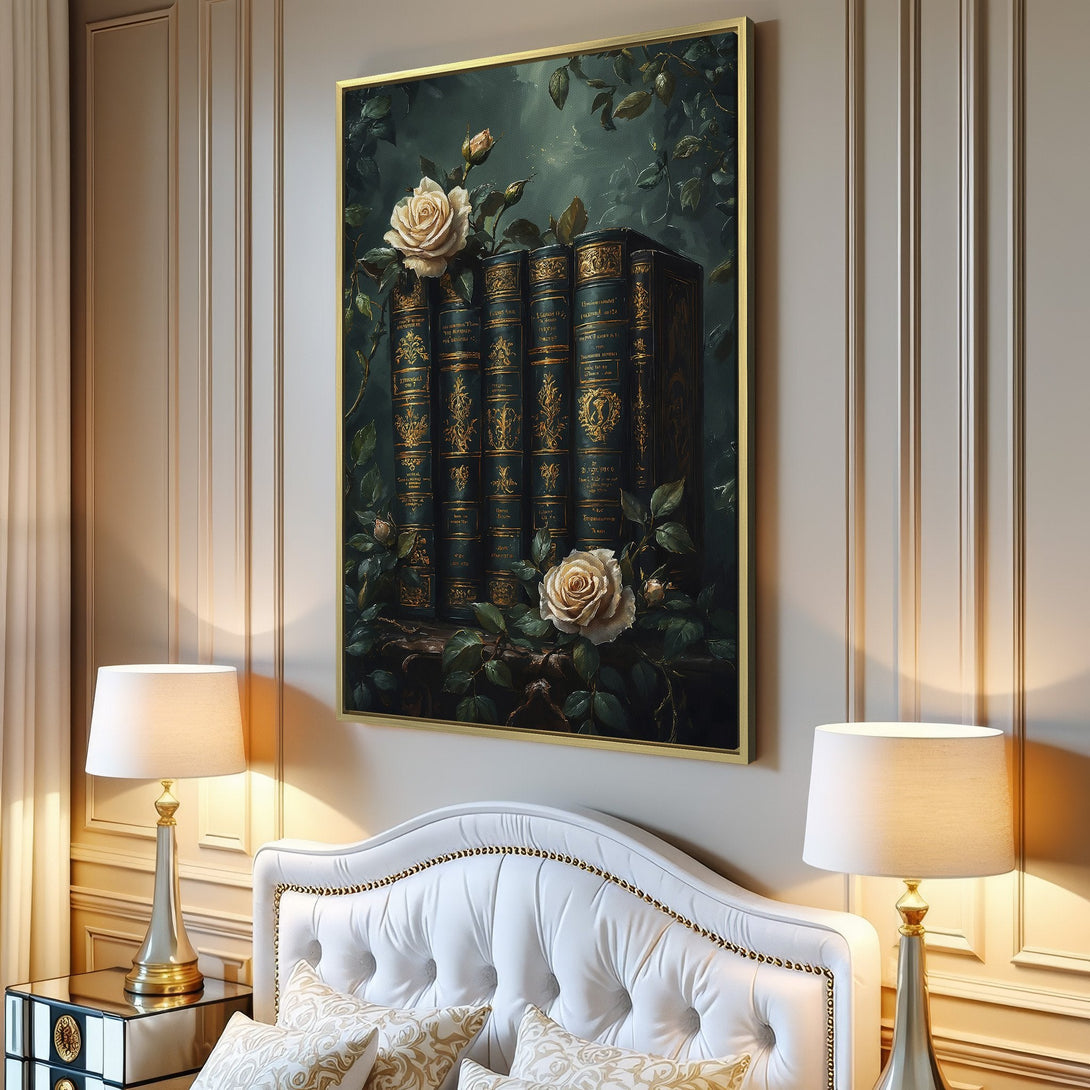 Canvas Print featuring vintage books and roses in a dark, moody style with a green and gold color palette, perfect for home decor.