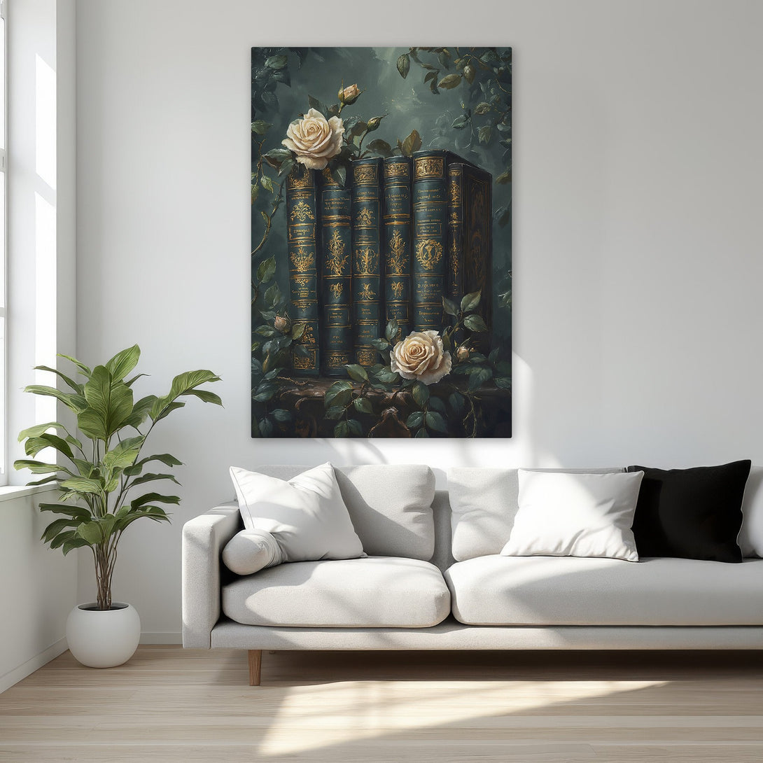 Framed Wall Art featuring vintage books and roses in a dark, moody style with gold accents. Perfect for adding elegance to any room.
