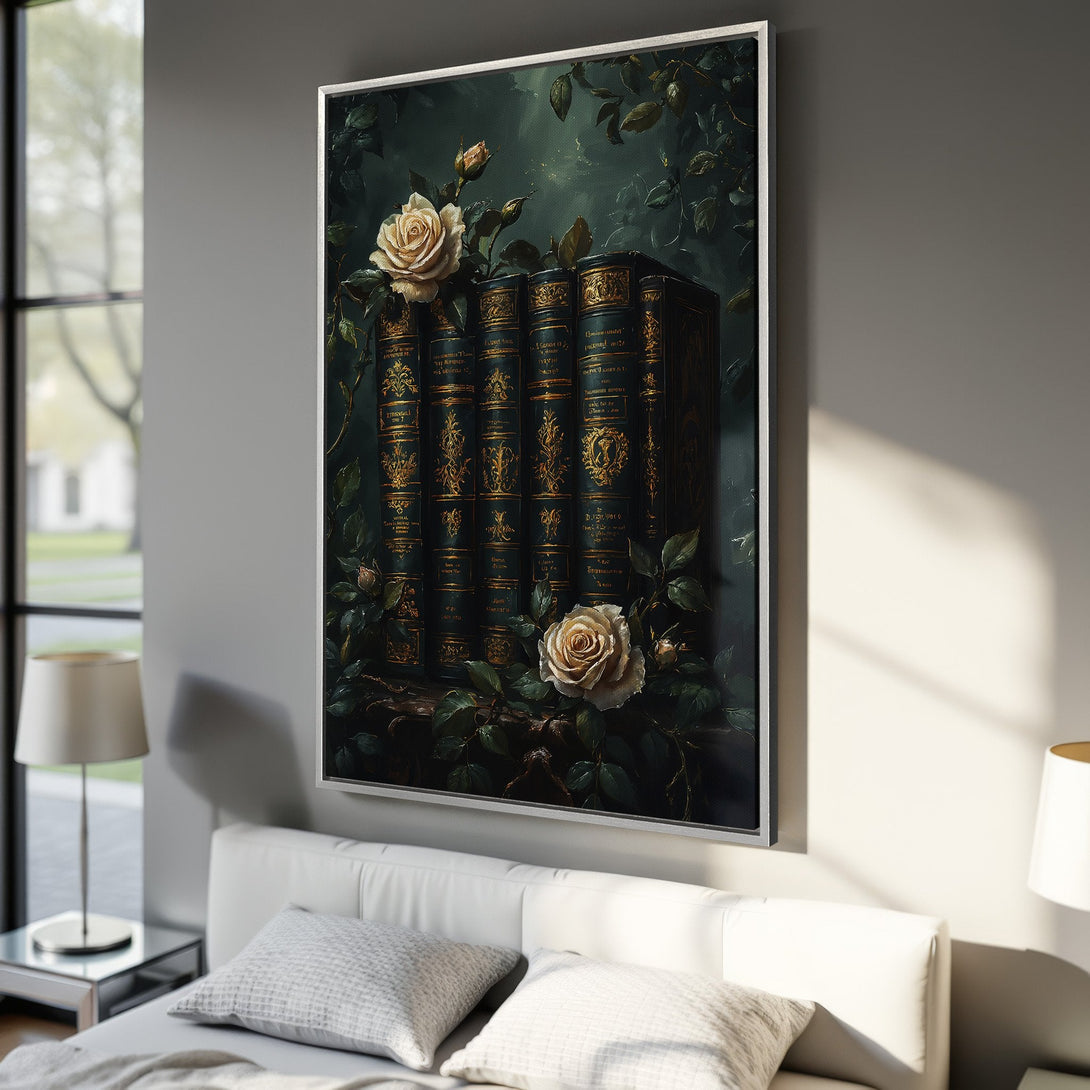 Framed Wall Art featuring vintage books and roses in a dark, elegant style. Rich green and gold color palette. Perfect for adding a touch of sophistication.