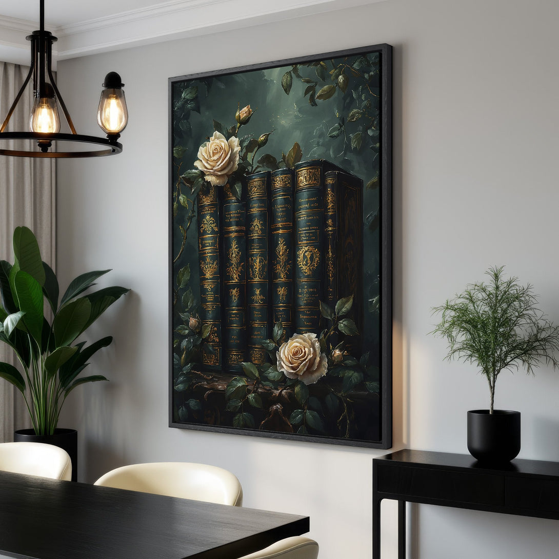 Framed Wall Art featuring antique books and roses, a romantic and elegant canvas print in a dark green and gold color palette. Perfect for any room!