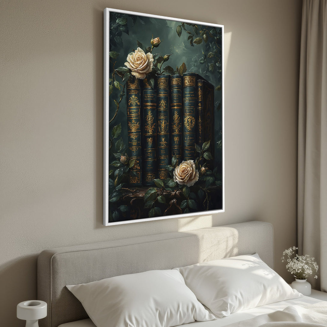Framed Wall Art featuring antique books and roses. Dark, moody aesthetic with a green and gold color palette. Perfect for adding elegance to any room.