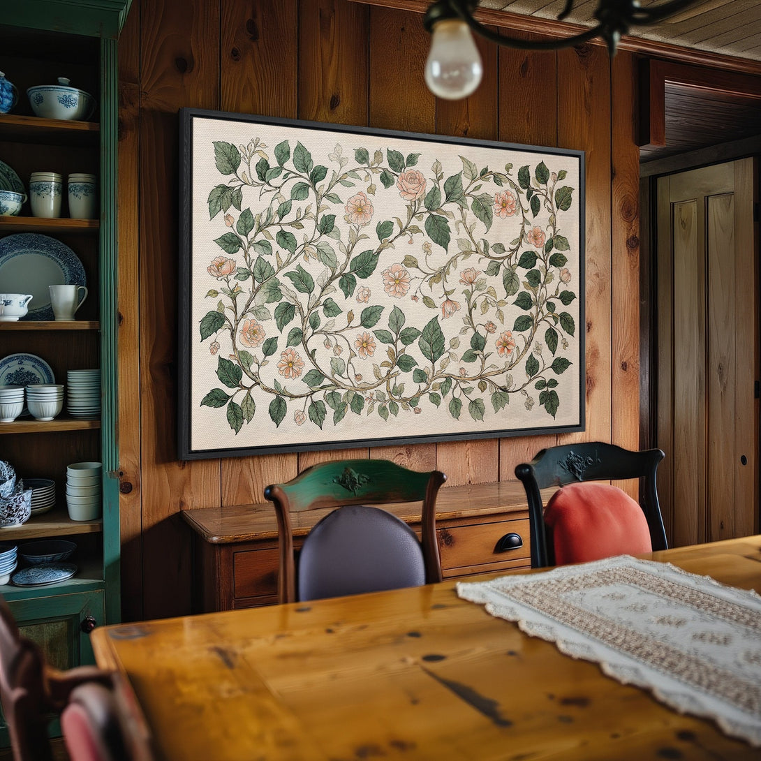 Framed Wall Art: Floral Canvas Print in a warm, rustic interior. Features a botanical design with soft green and peach tones. Perfect for farmhouse decor.