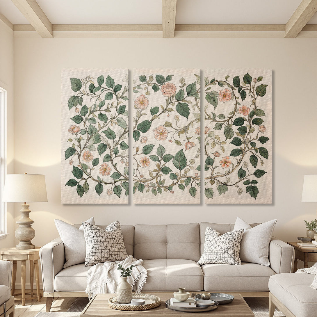 Canvas Print triptych featuring a floral design in a vintage style with a soft, neutral color palette, perfect for adding a touch of elegance.