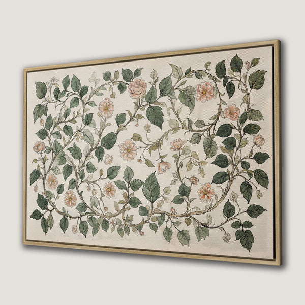 Framed Wall Art featuring a vintage floral design with pastel pink roses and green leaves on a neutral background. Perfect for adding elegance to any space.