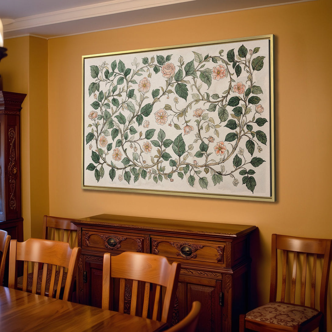 Canvas Print floral art in a cozy living room. Features a botanical design with soft pink and green hues, adding a touch of nature to the space.