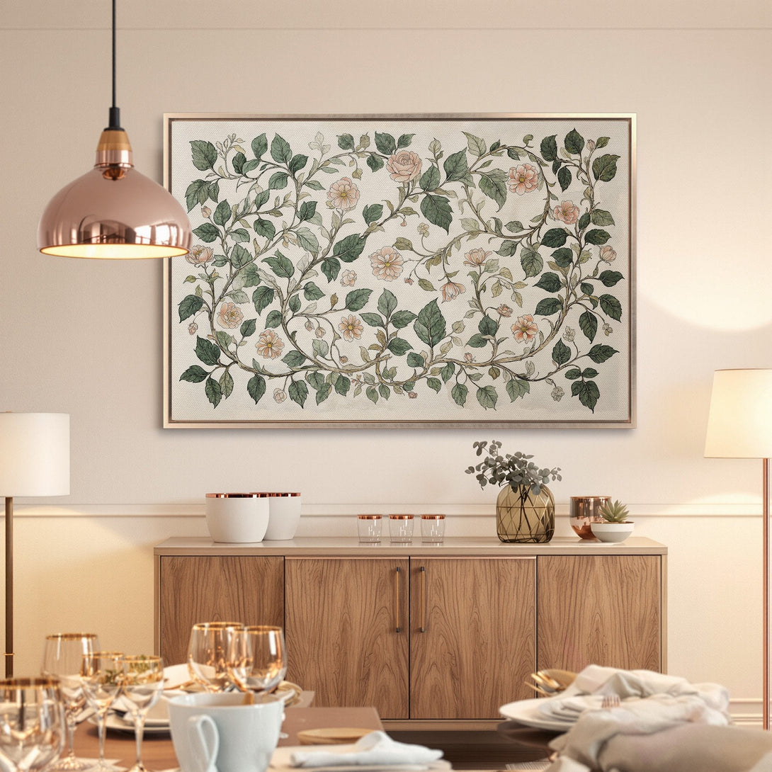 Framed Wall Art featuring a floral botanical design in muted green and pink hues. Perfect for adding a touch of elegance to your home.