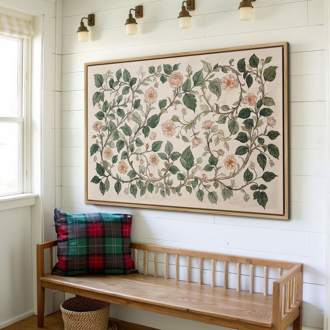Framed Wall Art featuring a floral botanical print in soft greens and pinks. Perfect for adding a touch of nature and elegance to your home decor.