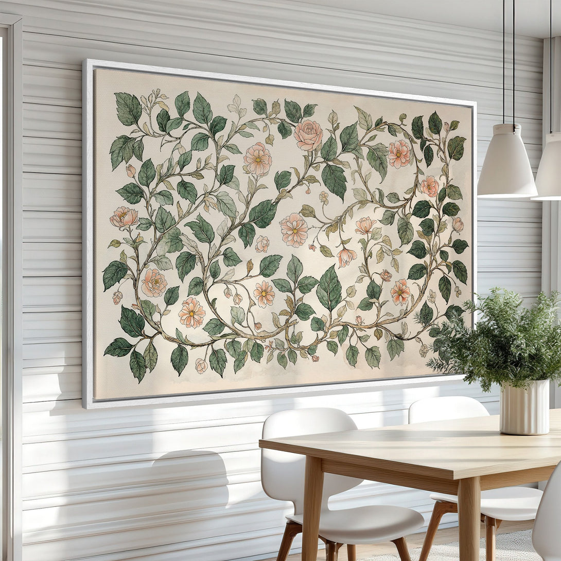 Framed Wall Art: Vintage floral print in soft blush and green tones. Adds a touch of elegance to any dining room. Shop now for botanical art!