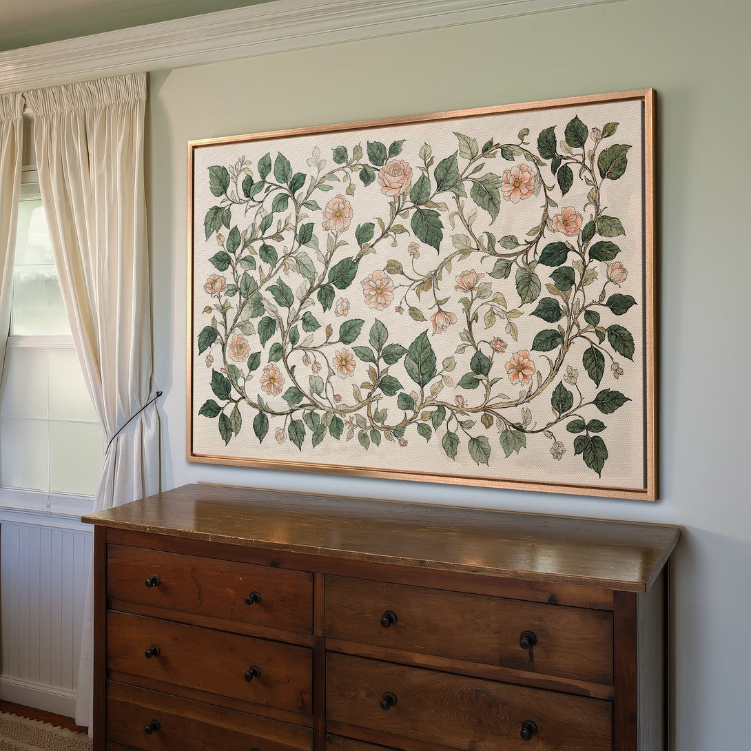 Framed Wall Art Canvas Print featuring a floral botanical design in soft green and blush tones, perfect for adding a touch of elegance to any room.