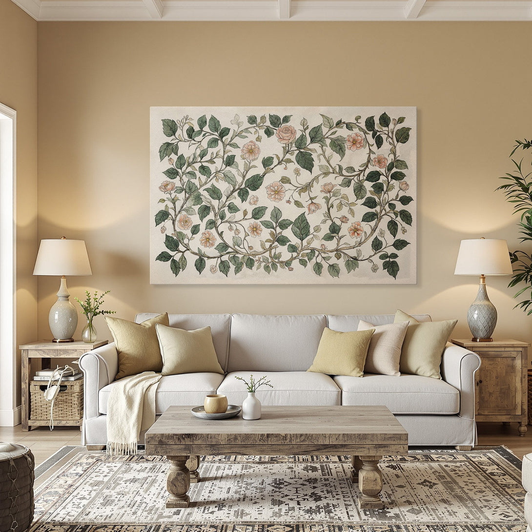 Framed Wall Art featuring a floral watercolor design in a vintage style. Soft pink and green hues on a cream background, perfect for adding elegance to any room.