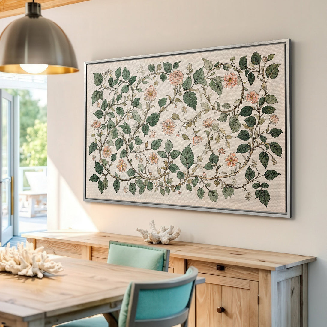 Framed Wall Art featuring a floral botanical design in a vintage style. Soft peach and green color palette adds a touch of elegance to any interior.