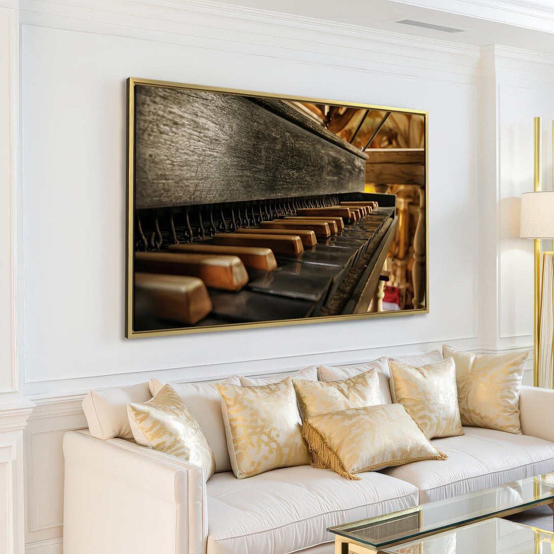 Canvas Print of a vintage piano keyboard in a neutral-toned interior. Warm, inviting color palette with a touch of history. Perfect for adding character.