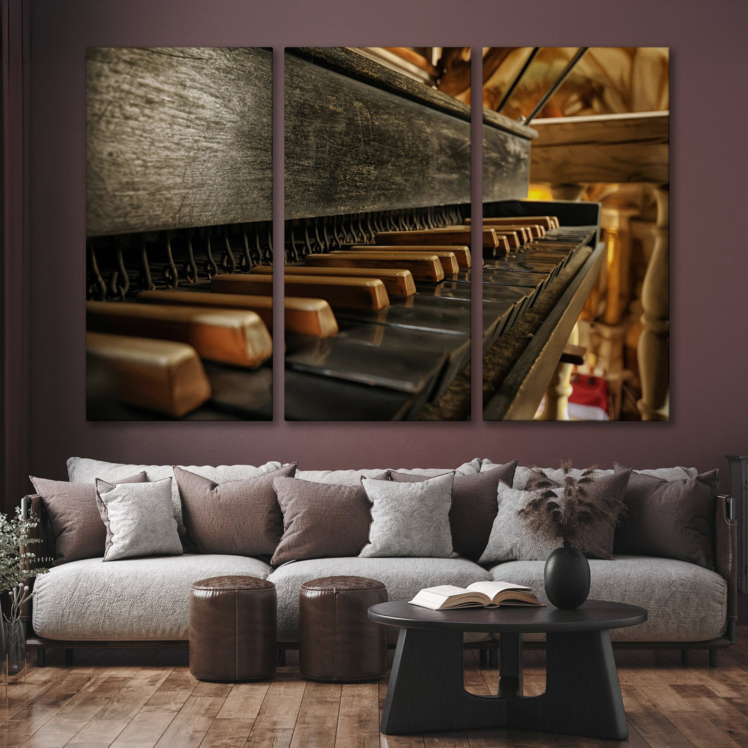 Canvas Print of a vintage piano keyboard, showcasing a warm, neutral color palette. Perfect for adding a touch of classic art to your home.