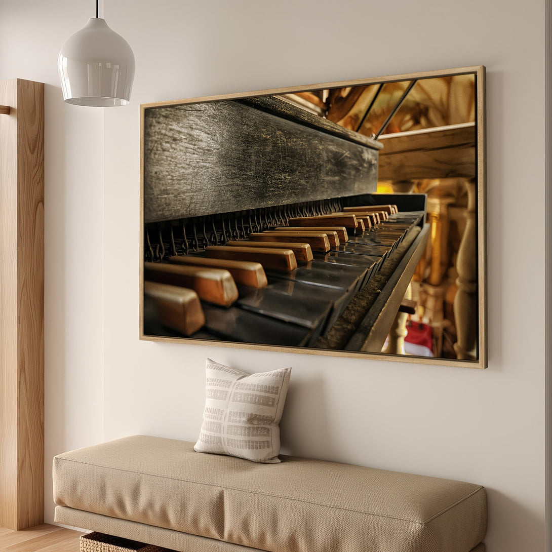 Framed Wall Art: Close-up of vintage piano keys in warm tones. Rustic, inviting decor featuring a beautiful canvas print for your home or office.