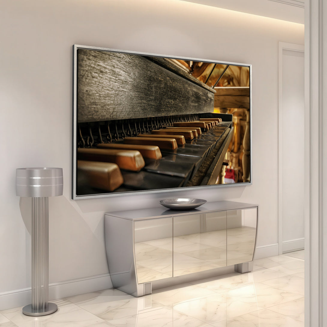 Framed Wall Art: Close-up of antique piano keys in warm tones. Rustic style Canvas Print adds vintage charm to any space. Shop now!