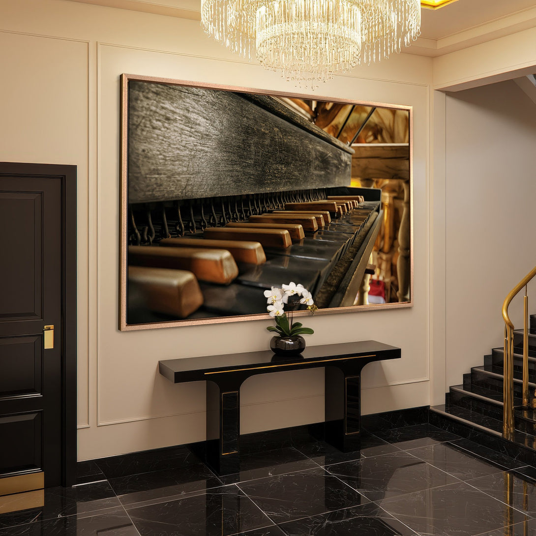 Framed Wall Art: Close-up of piano keys in a luxurious interior. Warm, neutral tones with a touch of gold. Perfect for sophisticated home decor.