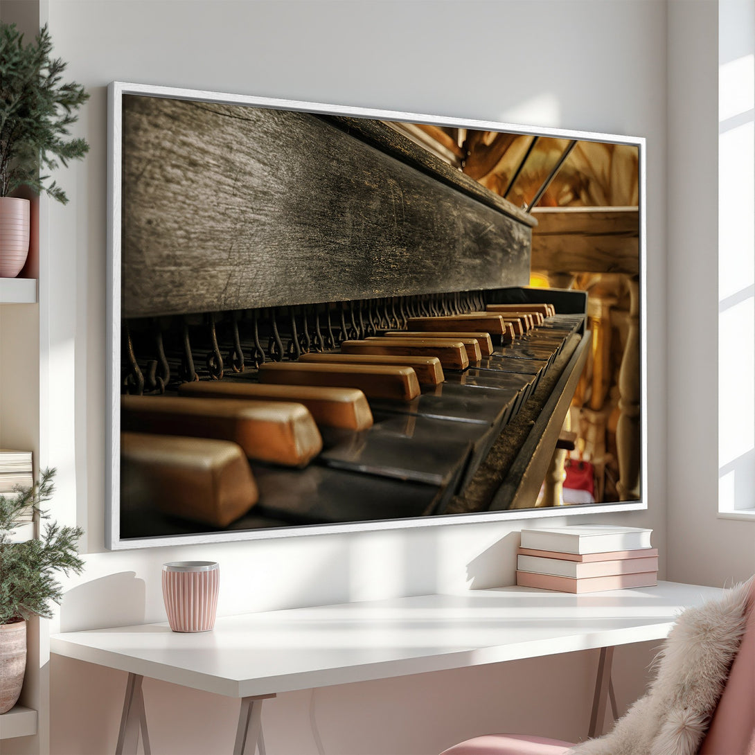 Framed Wall Art: Close-up of a vintage piano keyboard in warm, earthy tones. Adds a touch of classic elegance to any space. Perfect for music lovers!