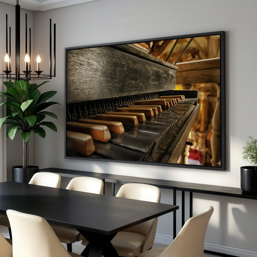 Framed Wall Art of a vintage piano close-up, warm tones. Adds a touch of elegance to any interior. Shop now for unique home decor!
