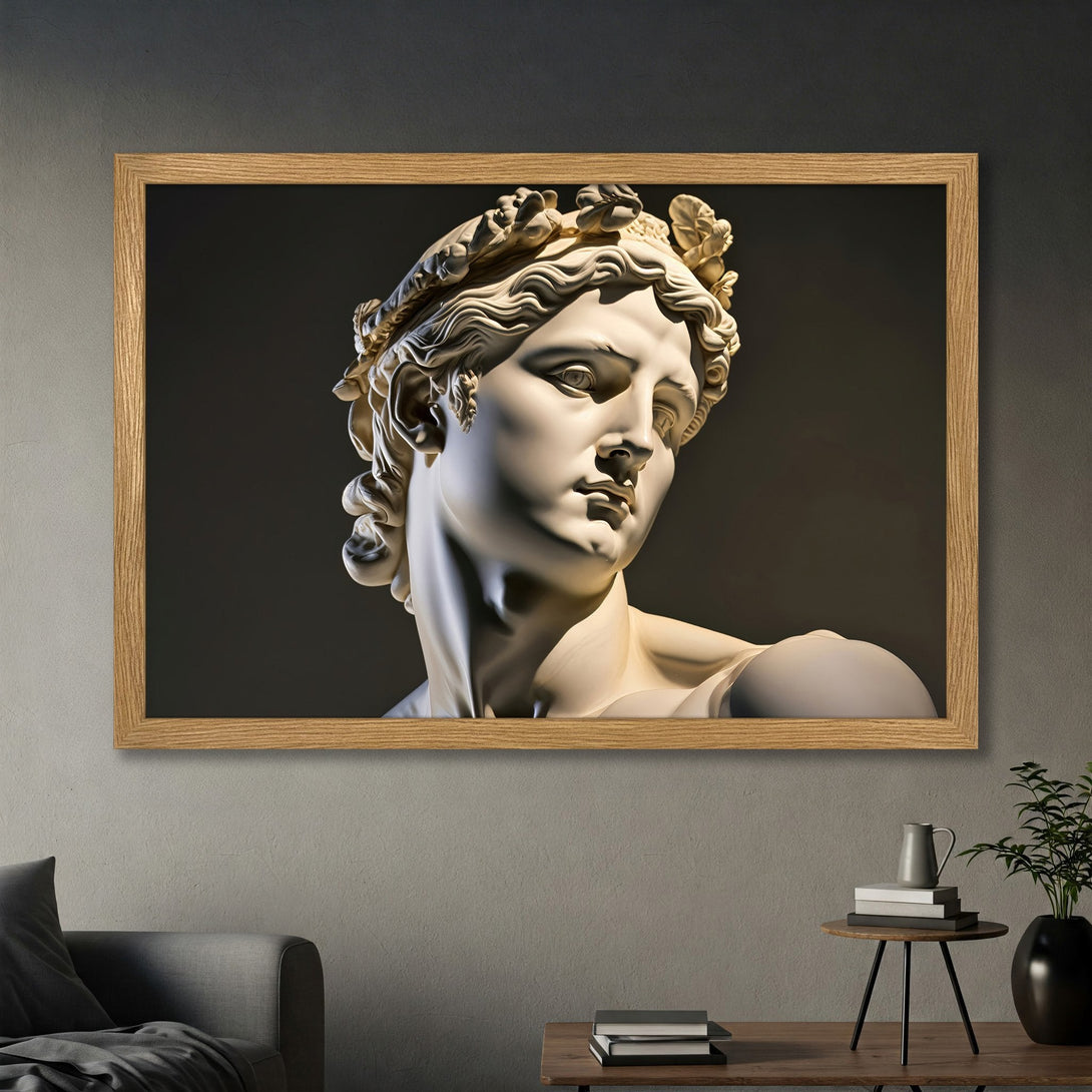 Framed Poster of a classical bust sculpture, neutral color palette, perfect for adding a touch of elegance to your home decor.