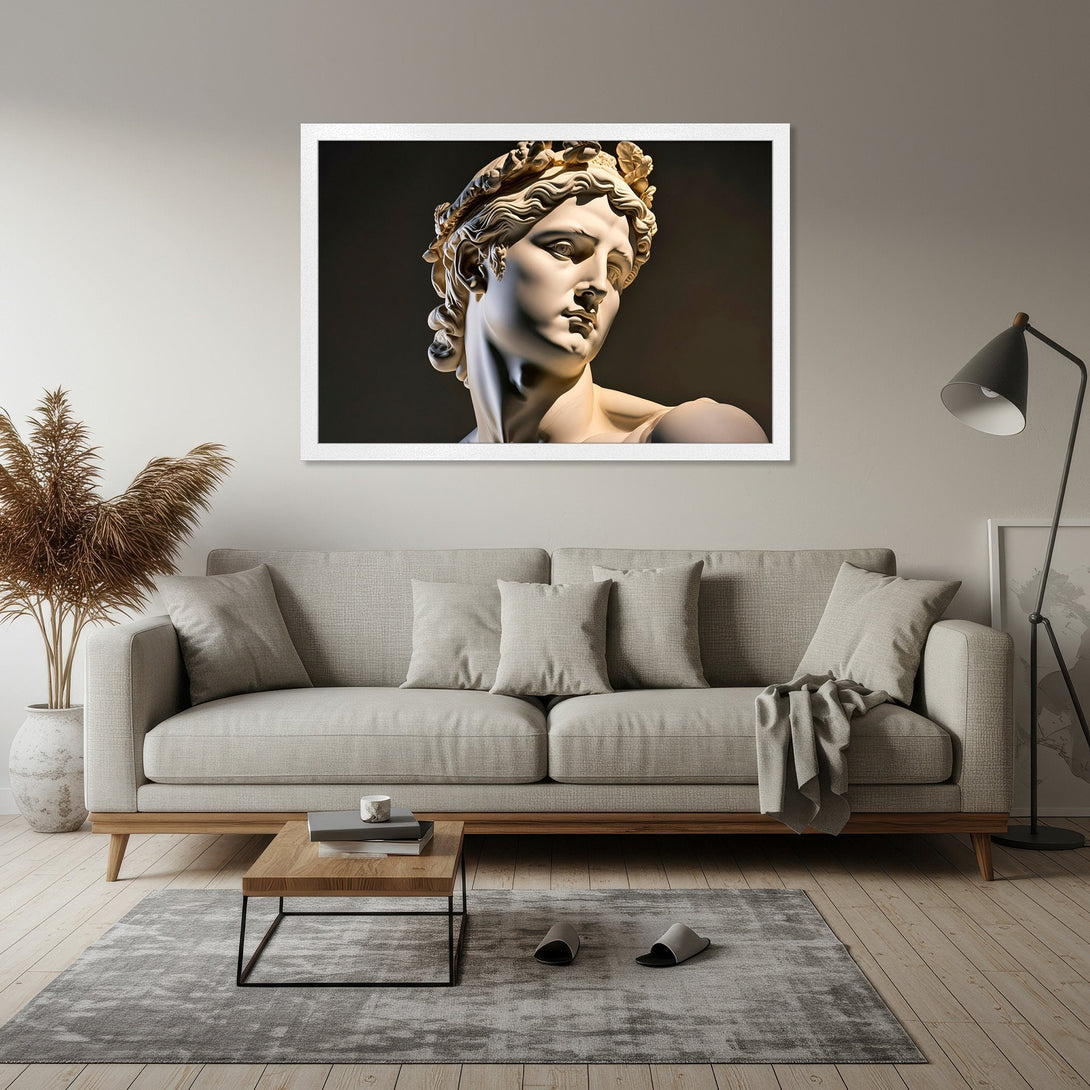 Framed Poster of a classical bust sculpture. Neutral color palette, minimalist style. Perfect for home decor.