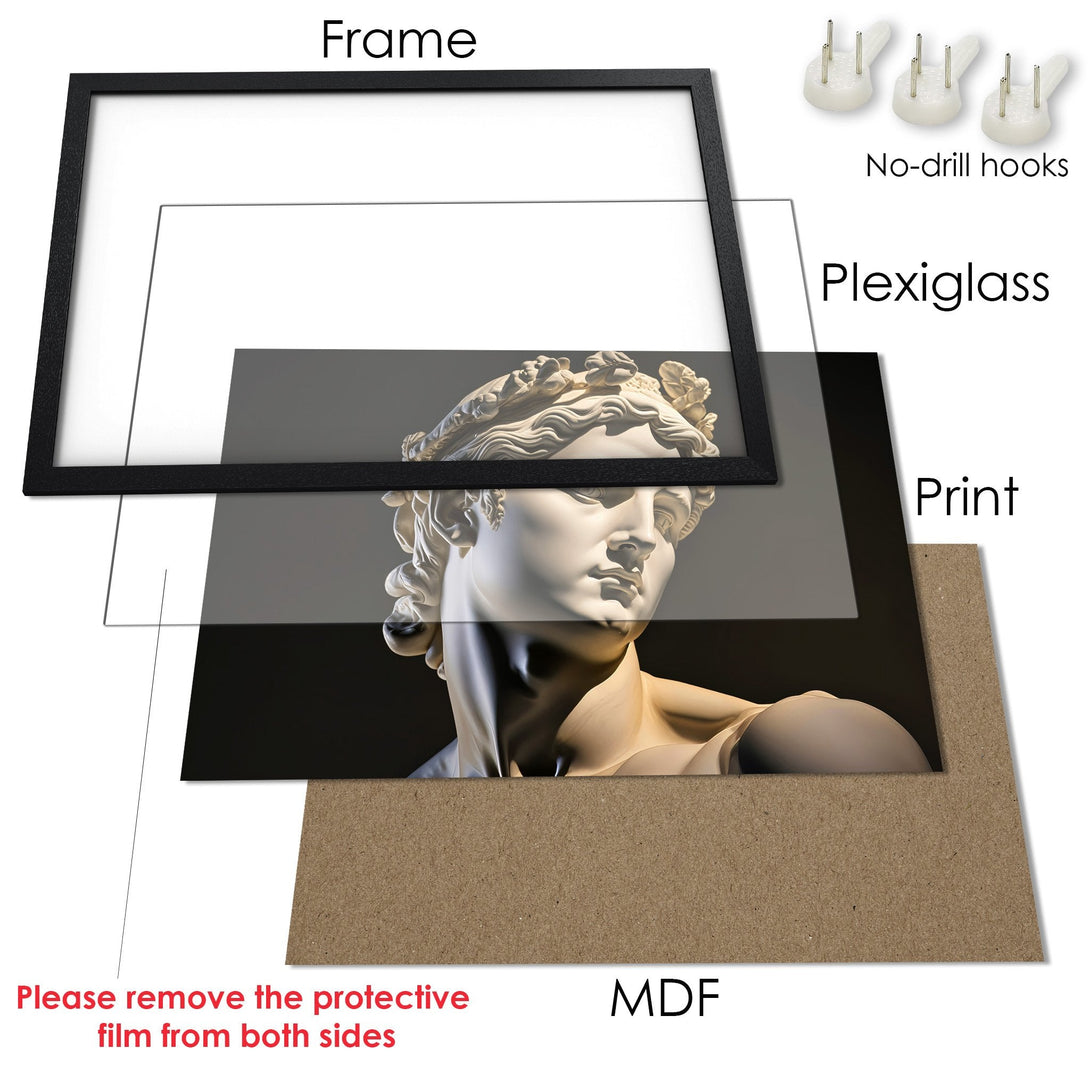Framed Poster featuring a classical sculpture in neutral tones. Elevate your space with this elegant art print.