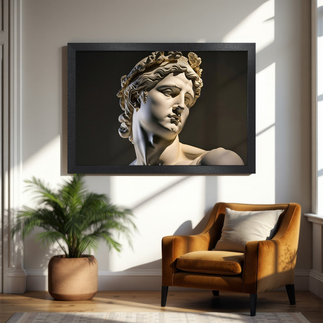 Framed Poster of classical sculpture in a modern room with warm, neutral tones. Perfect art for your home!