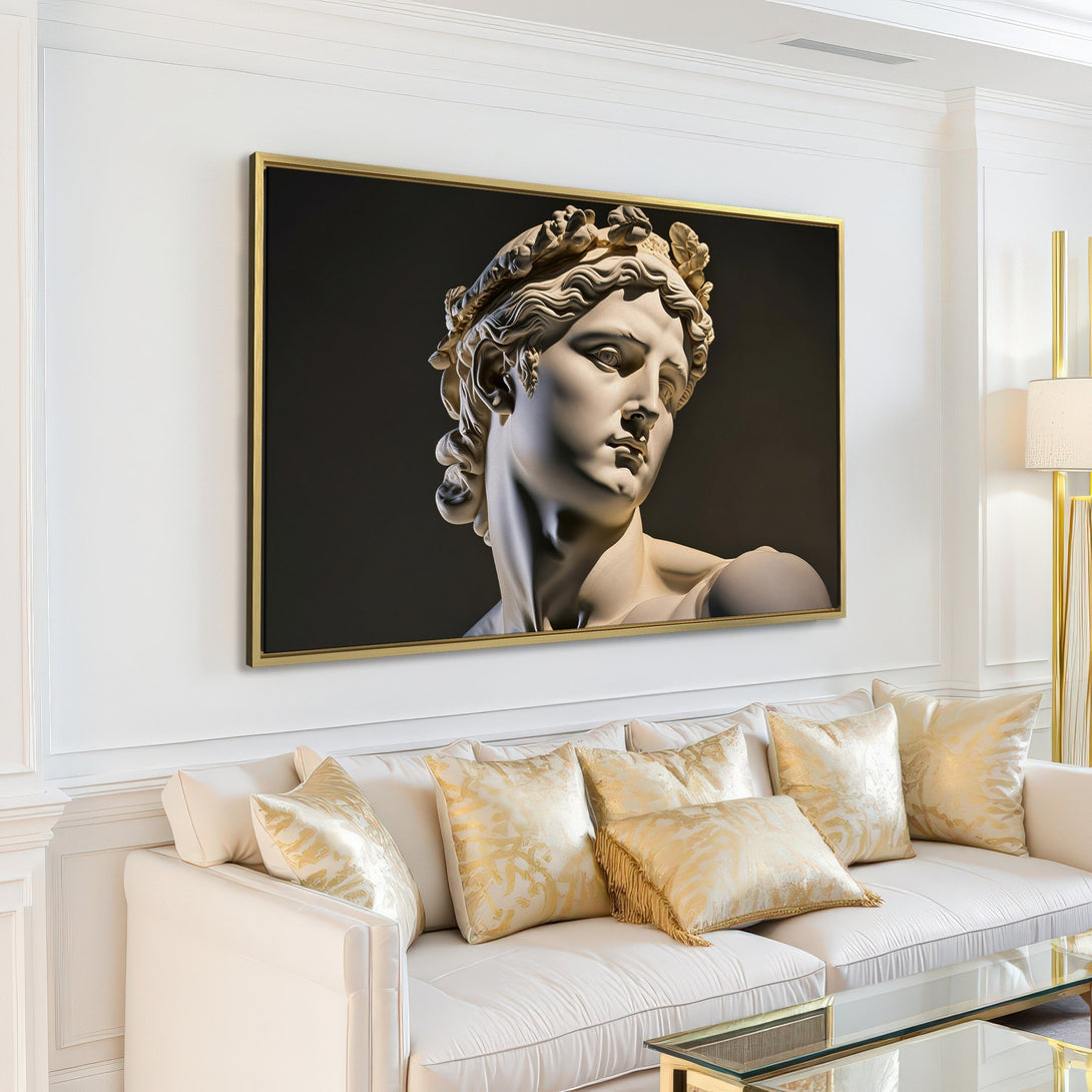 Canvas Print of a classic Greek statue in a modern interior. Features a neutral color palette with a white, cream, and black aesthetic.
