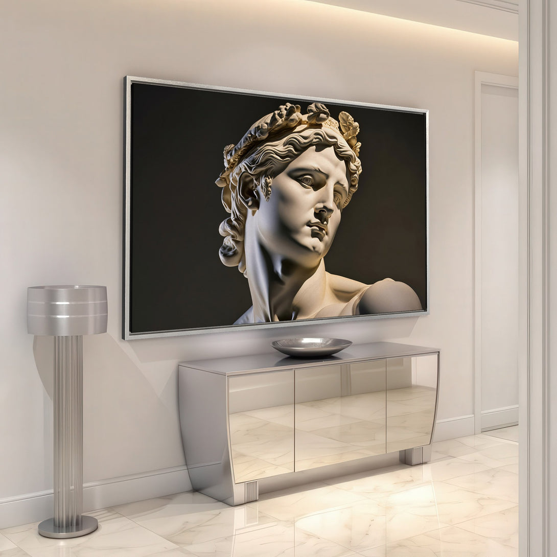 Framed Wall Art featuring a classical statue bust in neutral tones. Elegant decor for modern interiors.