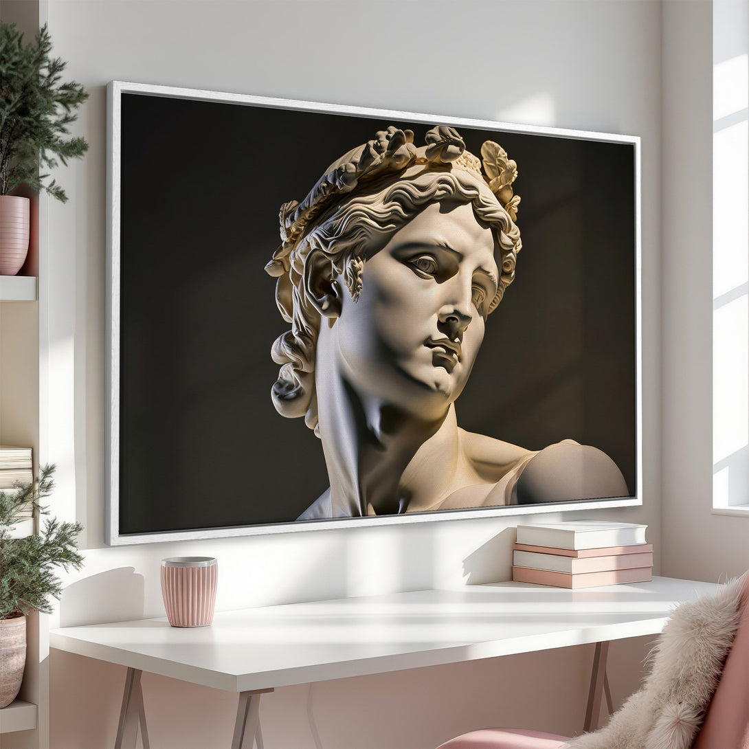 Framed Wall Art featuring a classical sculpture in neutral tones. Elegant canvas print perfect for adding a touch of sophistication to any interior.
