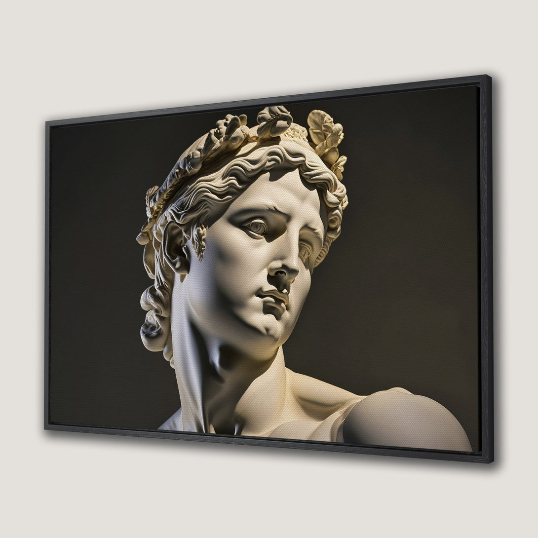 Framed Wall Art: Classic sculpture of a man with a laurel wreath, neutral tones, and a dark background. Perfect for adding elegance to any space.