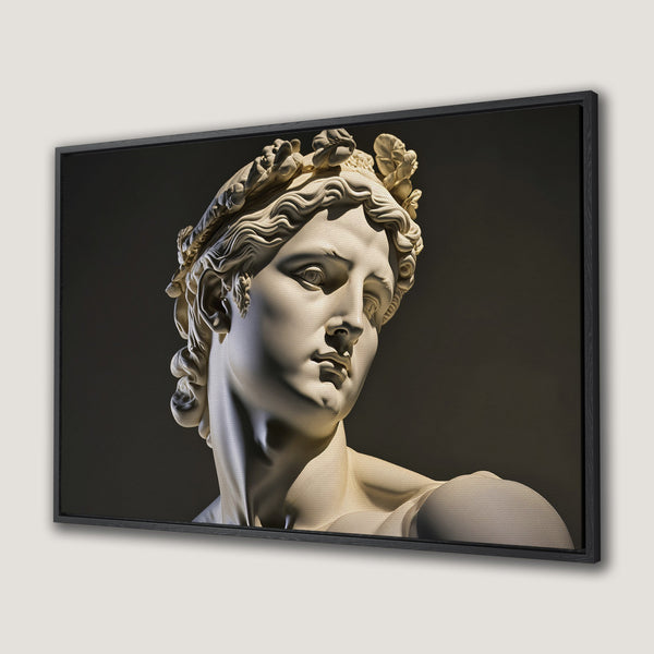 Framed Wall Art: Classic sculpture of a man with a laurel wreath, neutral tones, and a dark background. Perfect for adding elegance to any space.