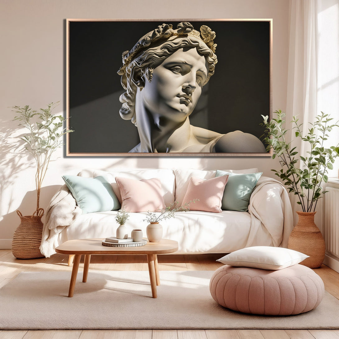 Framed Wall Art of a classical sculpture in a modern living room. Neutral palette with pops of pink and green. Perfect home decor accent.