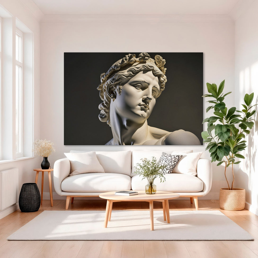 Framed Wall Art featuring a classical bust in neutral tones. Elegant decor with gold accents. Perfect for adding sophistication to any space.