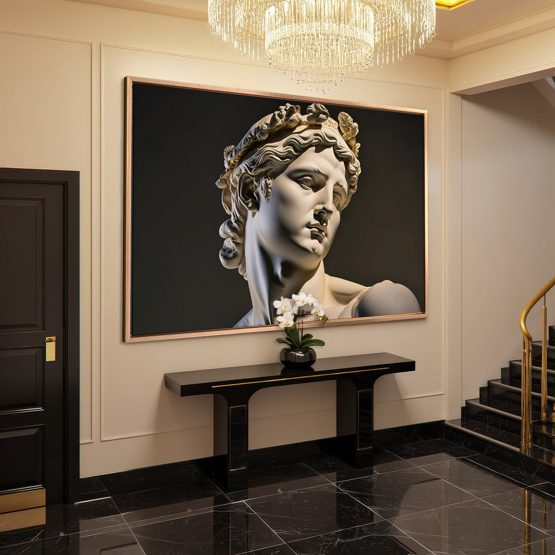 Framed Wall Art: Elegant bust Canvas Print in a luxury interior. Features a neutral color palette with gold accents, adding a touch of sophistication.