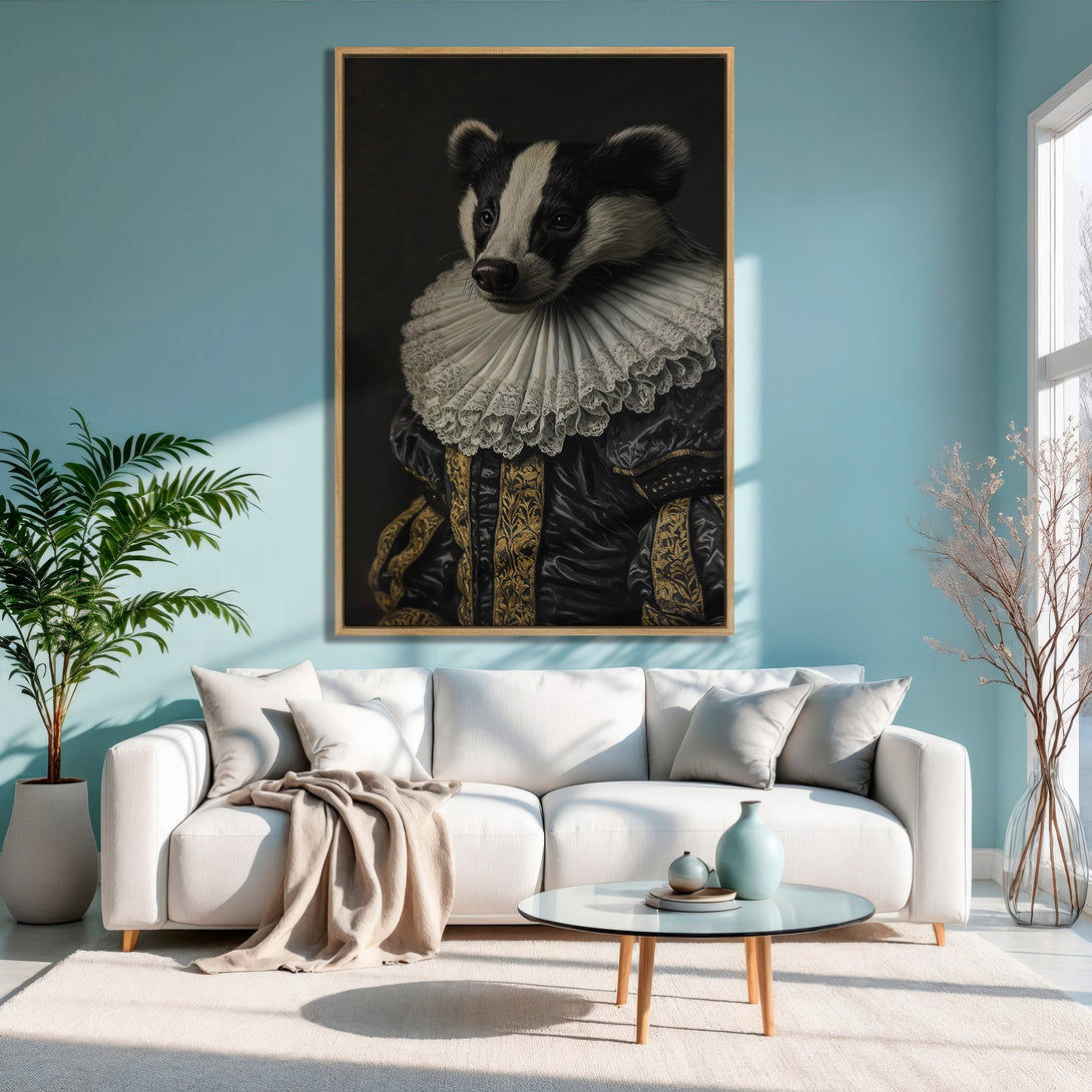 Framed Wall Art featuring a regal badger portrait in a vintage style. Rich black, gold, and white color palette, perfect for adding character to any room.