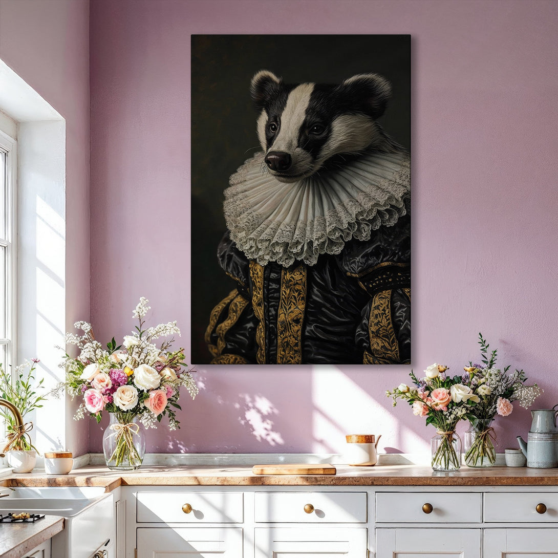 Framed Wall Art featuring a regal badger in vintage style. Rich black, gold, and white color palette. Perfect statement piece for any interior.