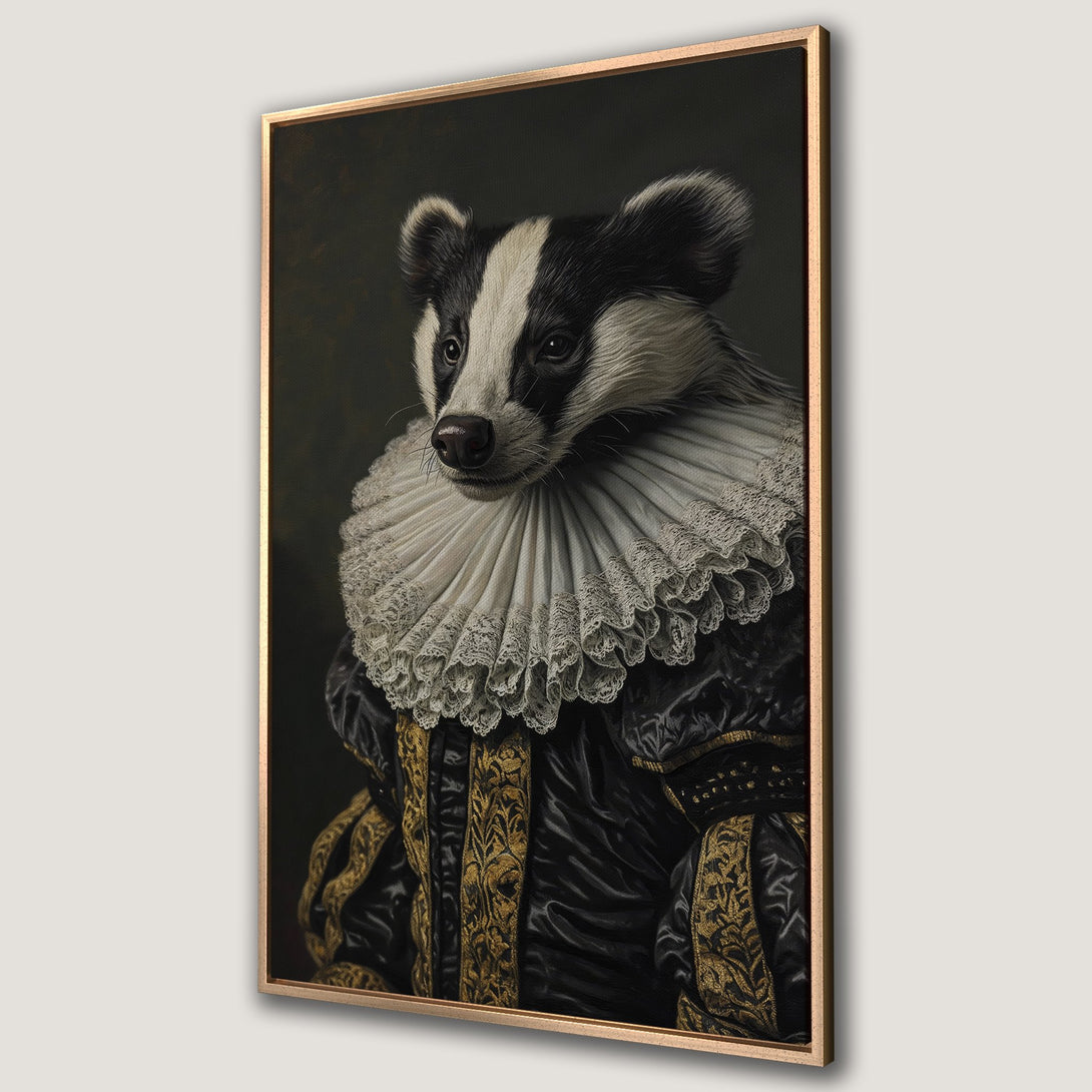 Framed Wall Art: Regal badger portrait in Renaissance style, featuring black, white, and gold hues. Perfect for adding a touch of whimsy to your home decor.