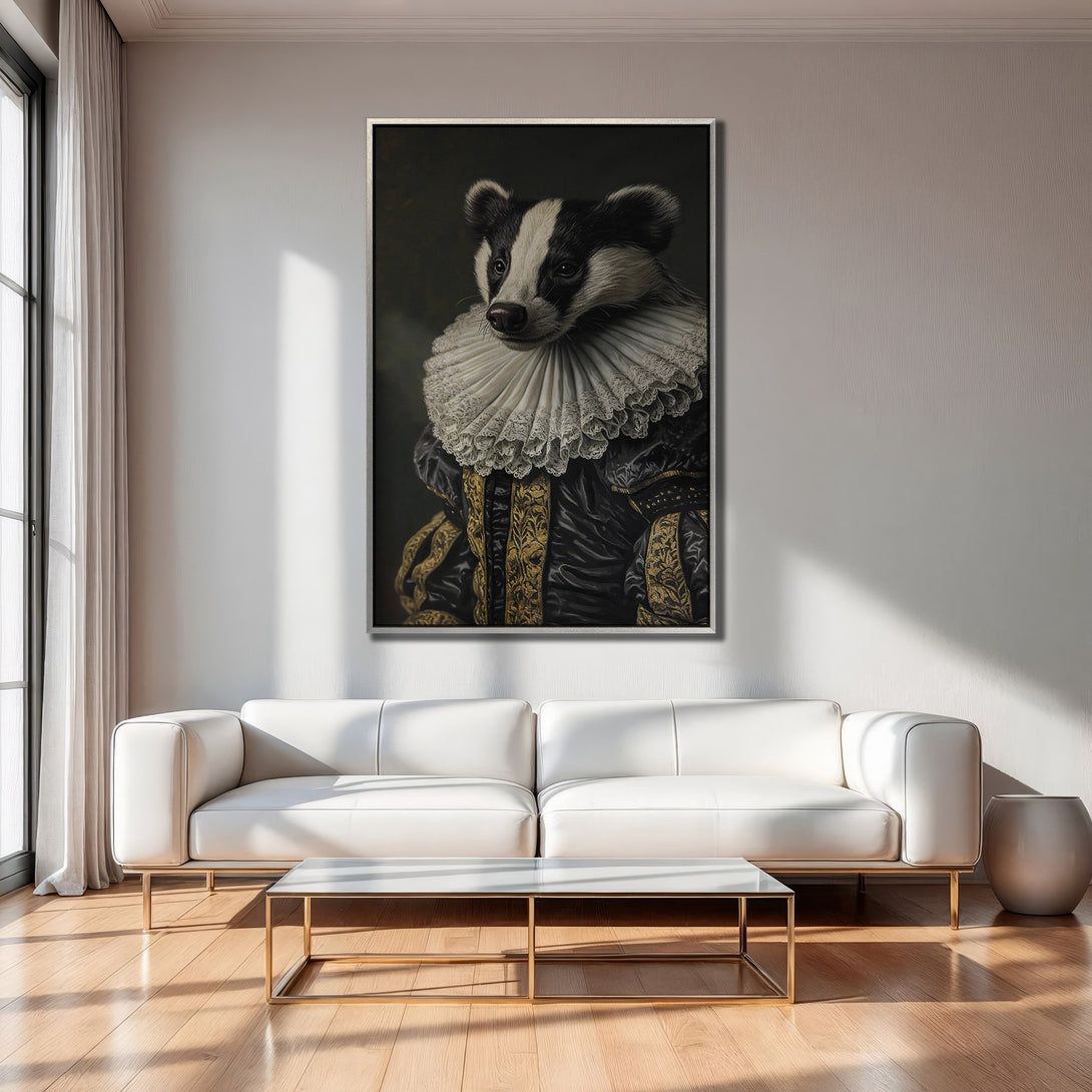 Framed Wall Art featuring a regal badger portrait. Classic style with dark, gold, and white color palette, perfect for adding a touch of whimsy to any space.