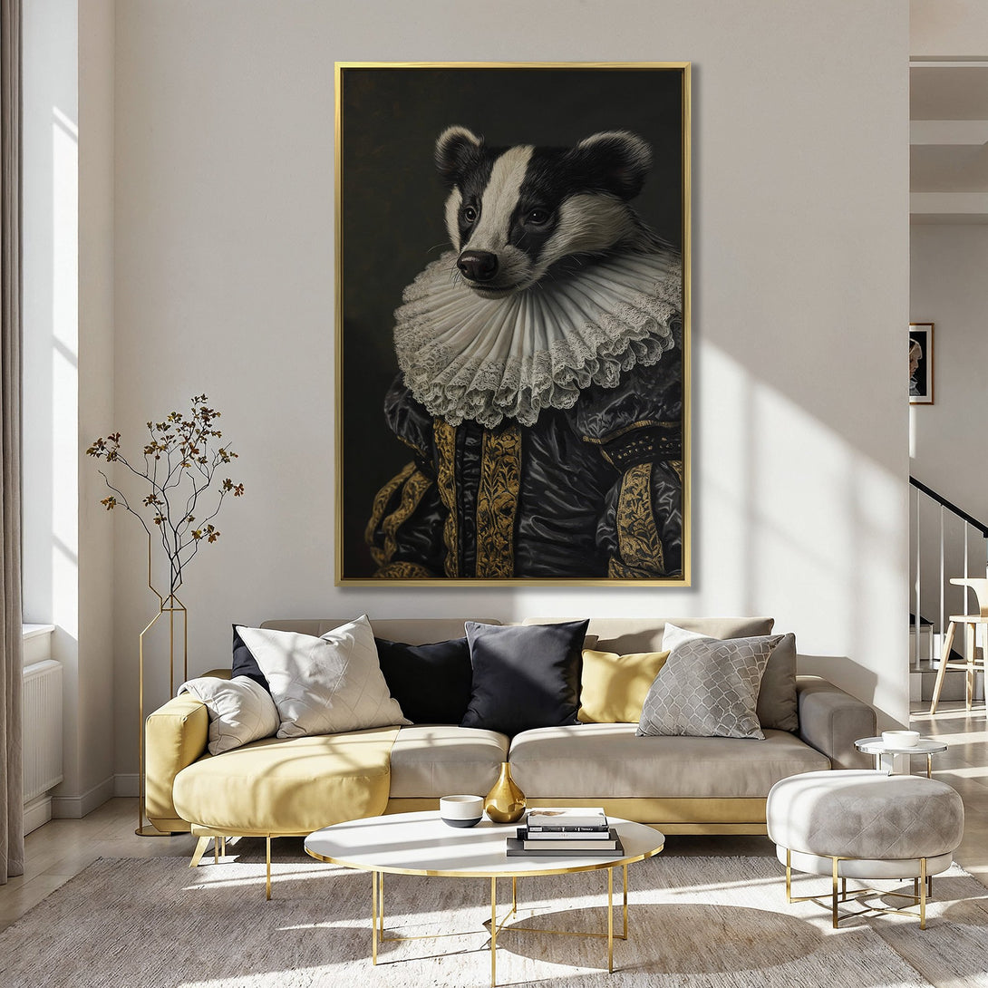 Canvas Print: Badger portrait in Renaissance style, black, gold, and white, set against a pink wall. Perfect wall art for any room!