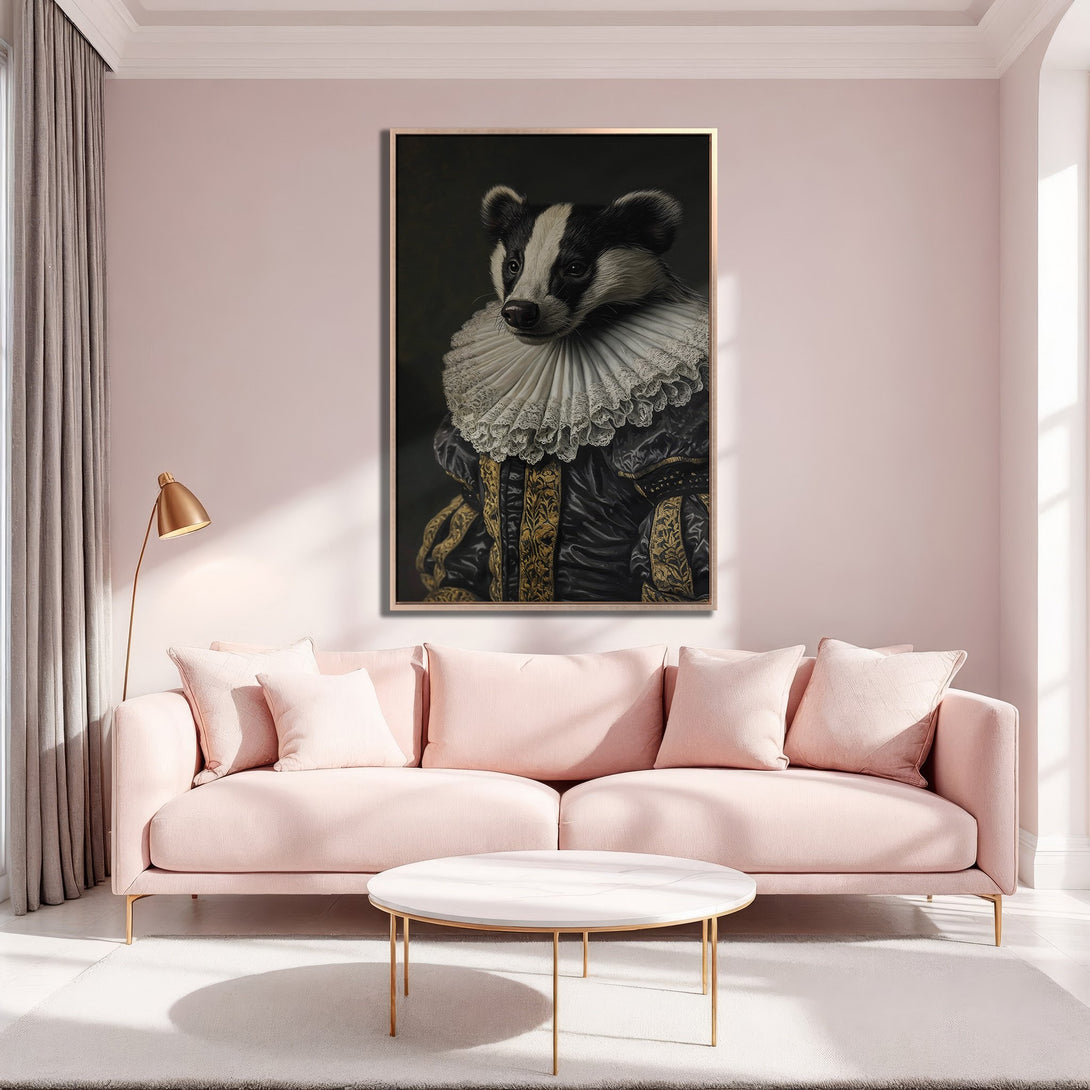 Framed Wall Art featuring a regal badger portrait in a dark, vintage style. The artwork complements a pink interior with a soft, pastel color palette.