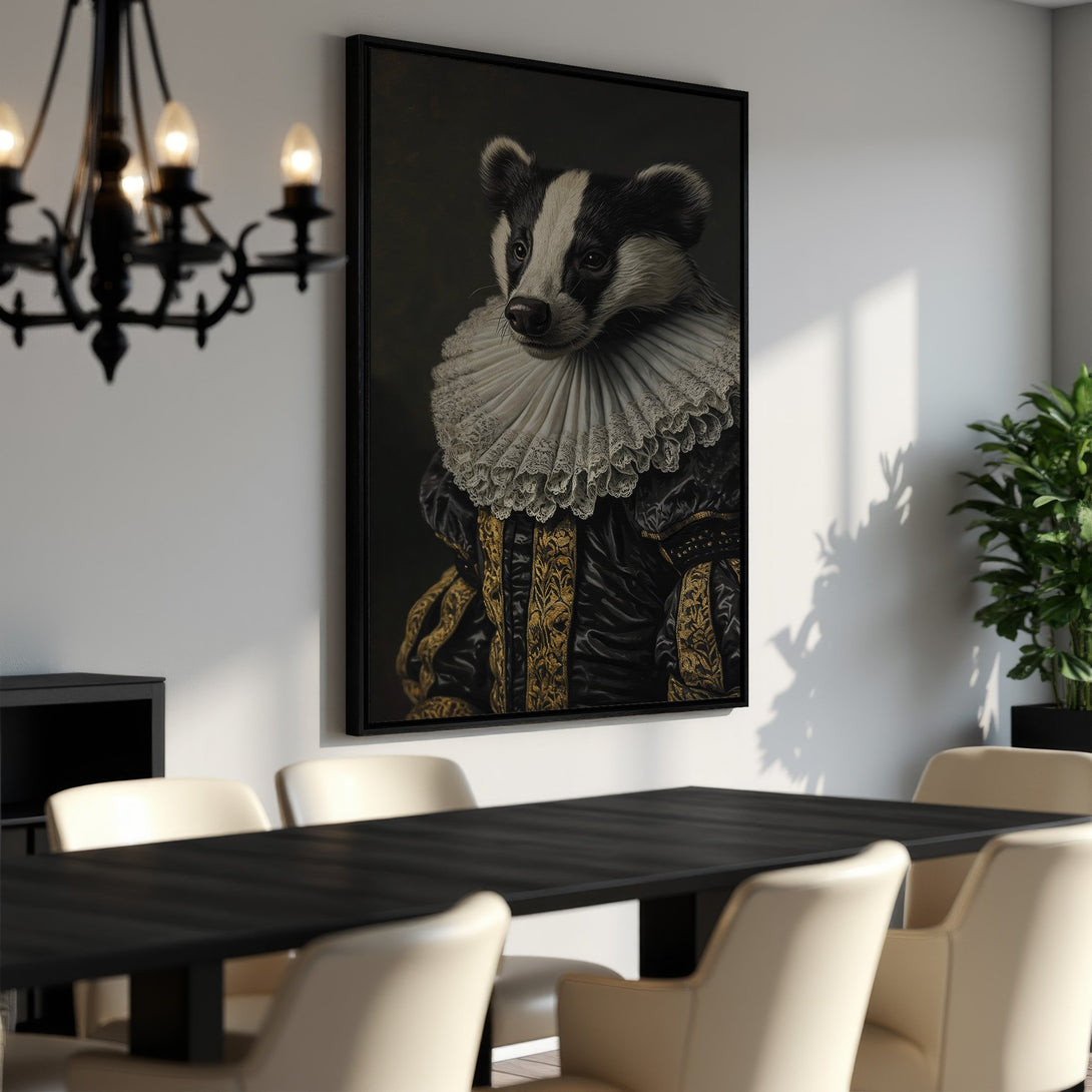 Framed Wall Art featuring a regal badger portrait in a dark, vintage style. Elegant black, gold, and white color palette. Perfect for adding a touch of whimsy.