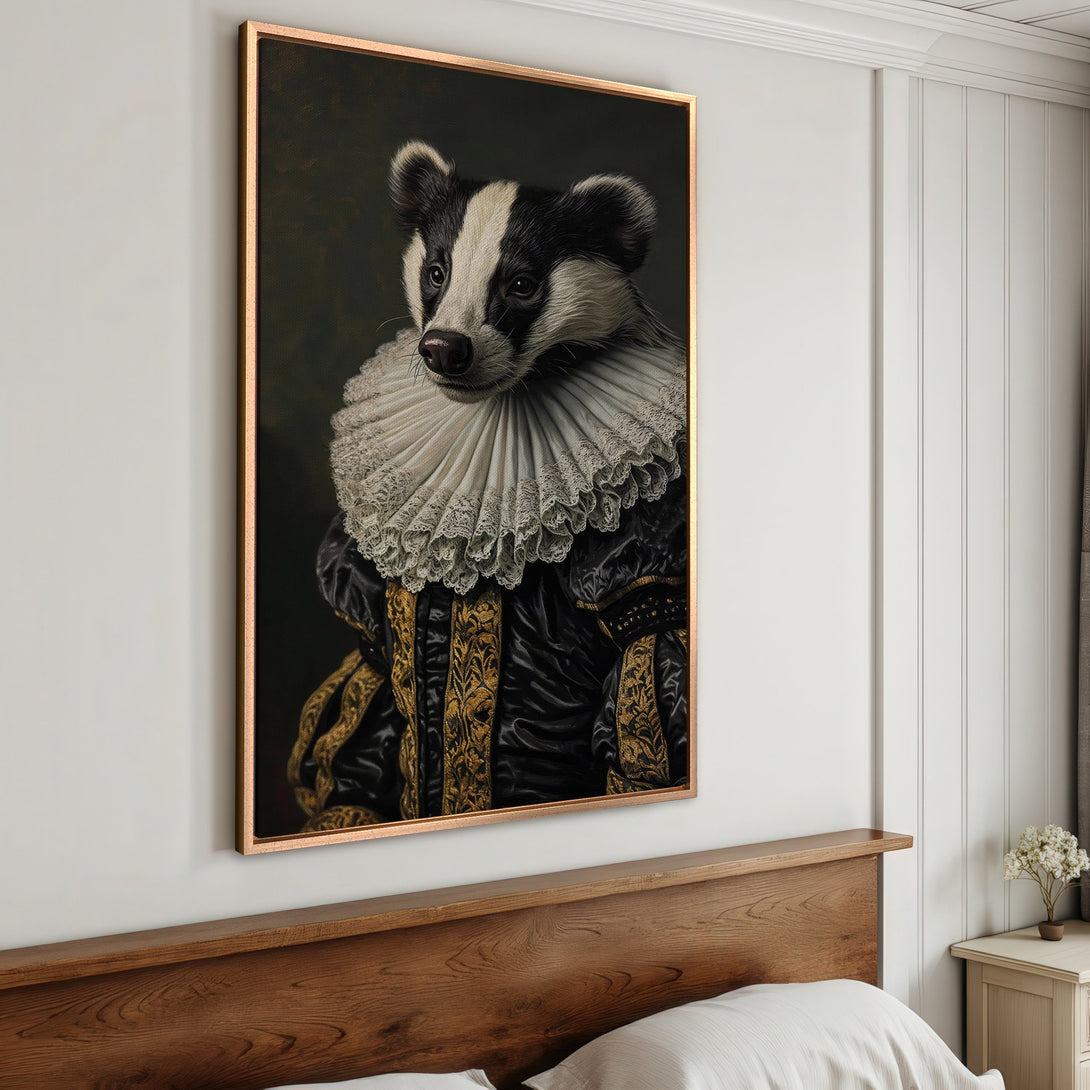 Framed Wall Art featuring a regal badger portrait in a vintage style with a dark, gold, and black color palette. Perfect for adding character to any room.