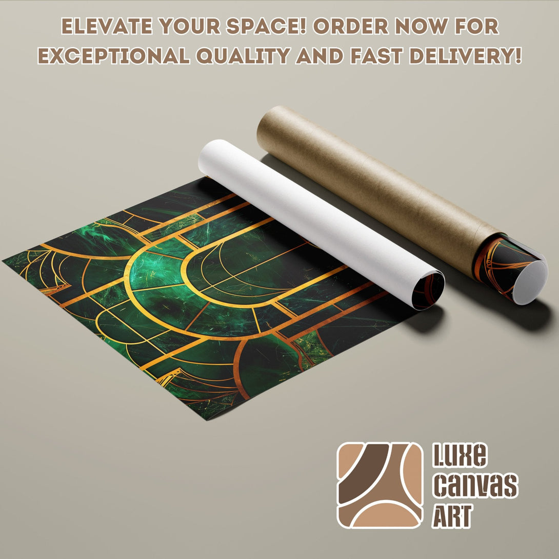Poster Roll featuring an abstract art deco design in green and gold. Elevate your space with this stunning art poster!