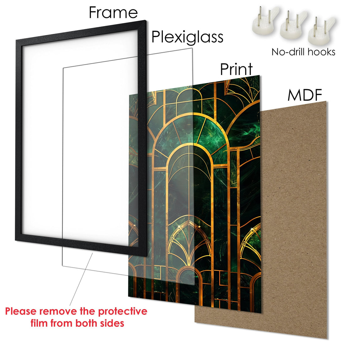 Framed Poster featuring an Art Deco design with emerald green and gold accents. Perfect wall art for a stylish home.