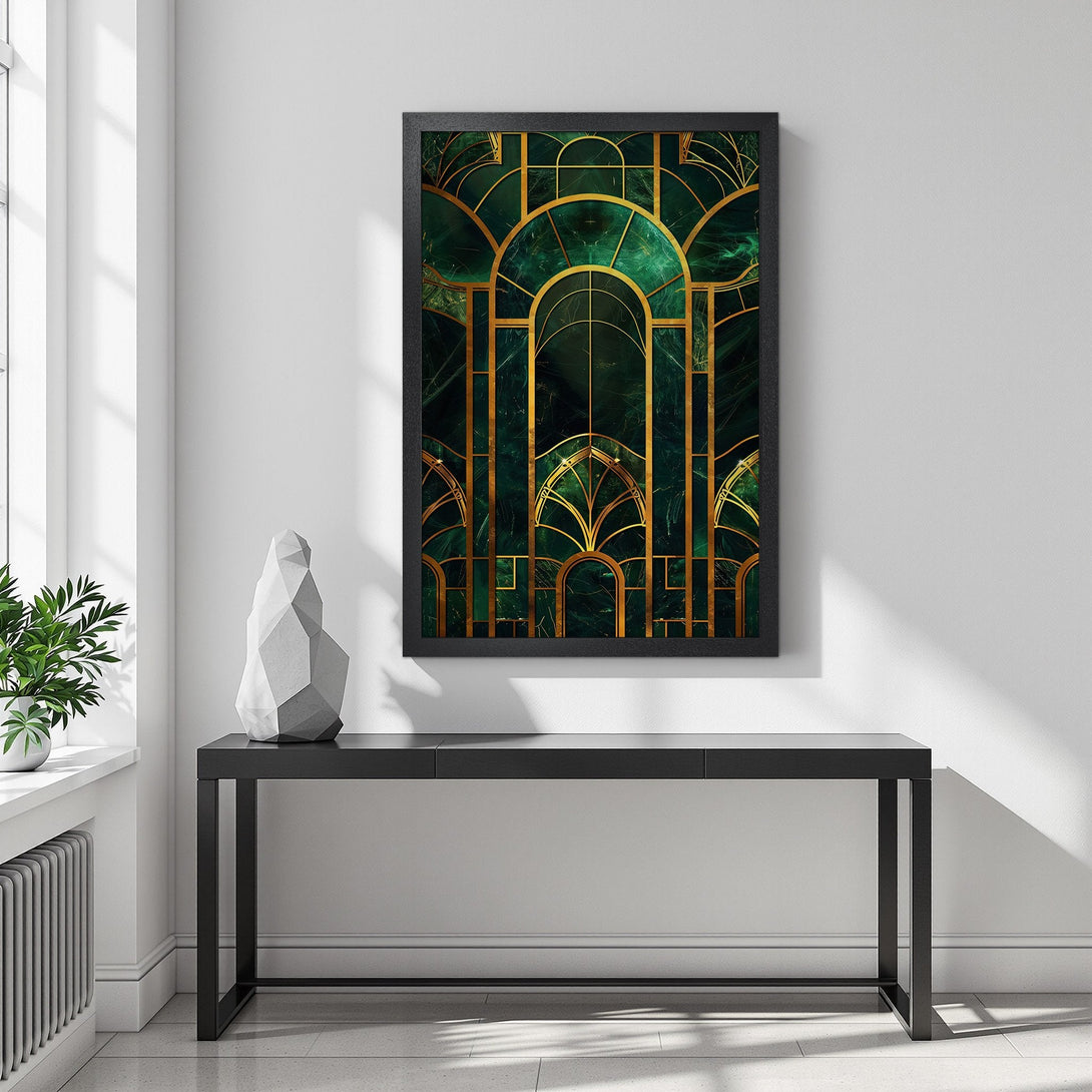 Framed Poster featuring Art Deco design in emerald green and gold. Elevate your space with this stunning wall art!