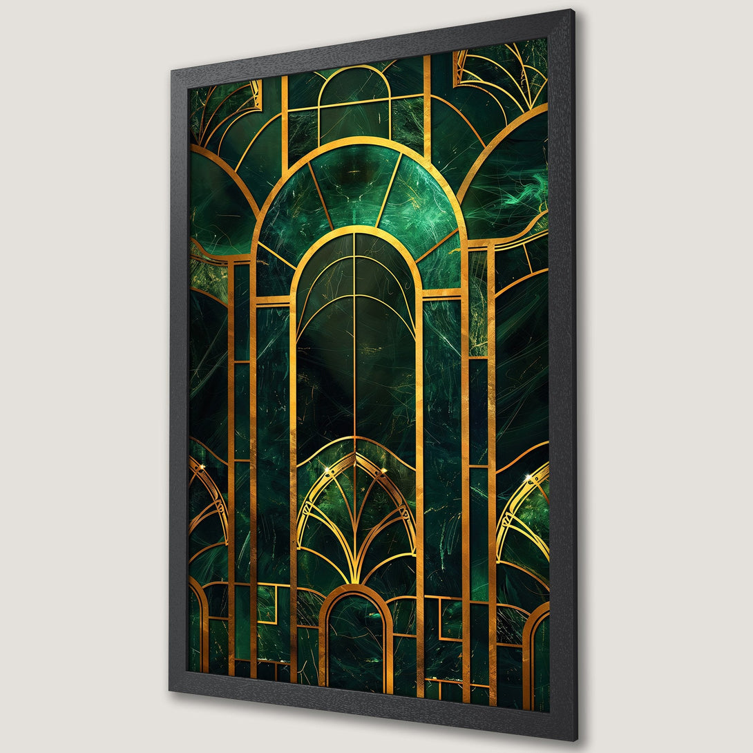 Framed Poster featuring Art Deco design in emerald green and gold. Perfect wall art for a touch of luxury.