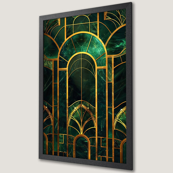 Framed Poster featuring Art Deco design in emerald green and gold. Perfect wall art for a touch of luxury.