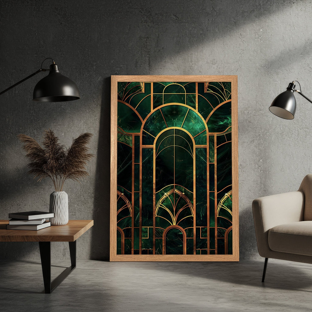 Framed Poster featuring Art Deco design in green and gold. Stylish wall art for modern home decor.