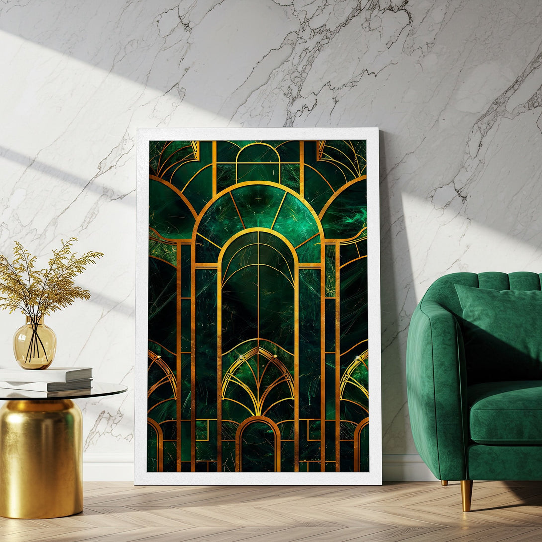 Framed Poster featuring Art Deco design in emerald green and gold hues, perfect wall decor for a luxurious touch.